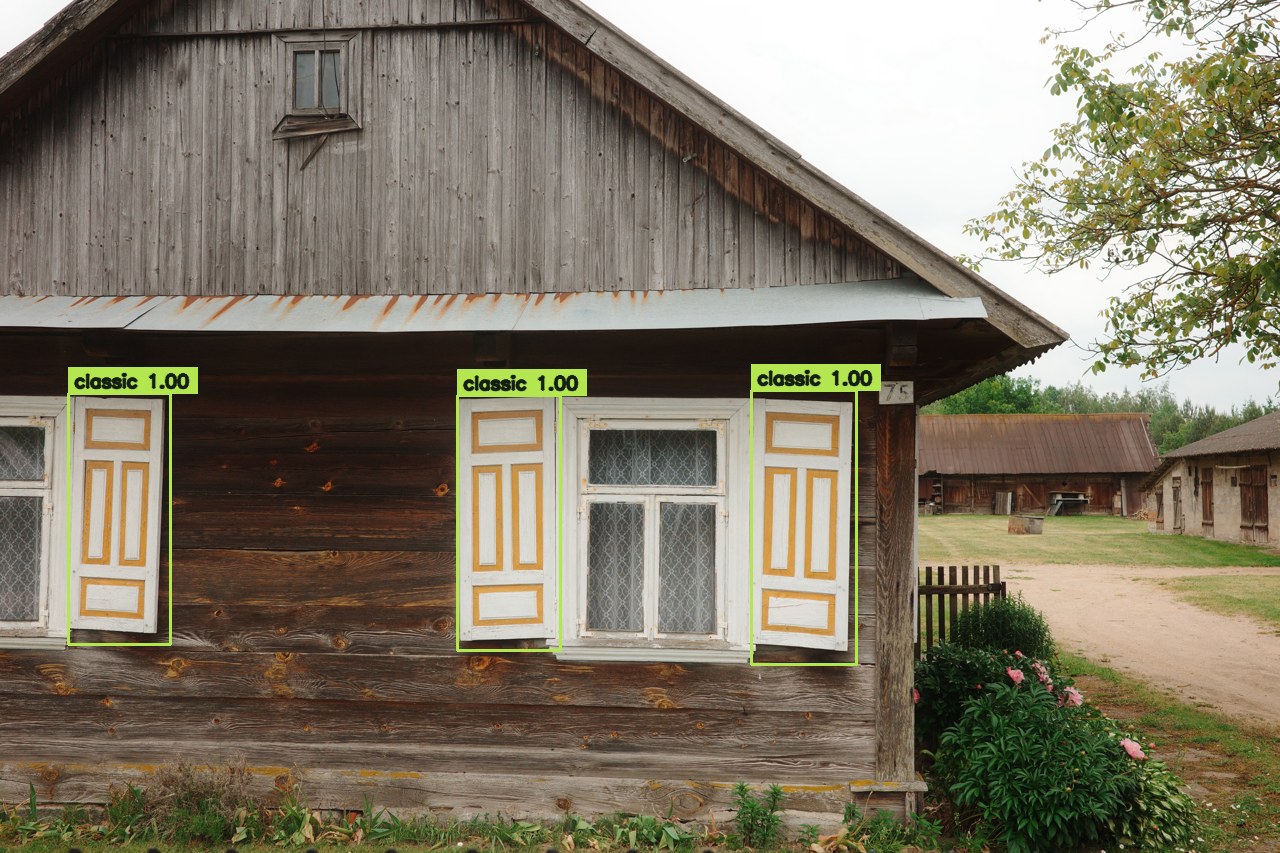 Classic shutter panels with model-predicted boxes and confidence scores