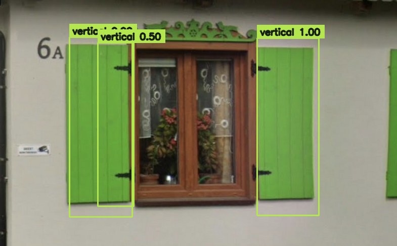 Green vertical shutters with model predictions, including overlapping detections